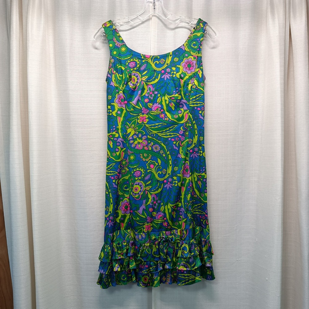 Vtg Serbin of Florida Muriel Ryan Psychedelic Floral Ruffle Hem Dress Womens S